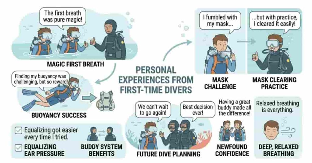 Illustrated infographic showing beginner scuba divers sharing first-time experiences underwater.