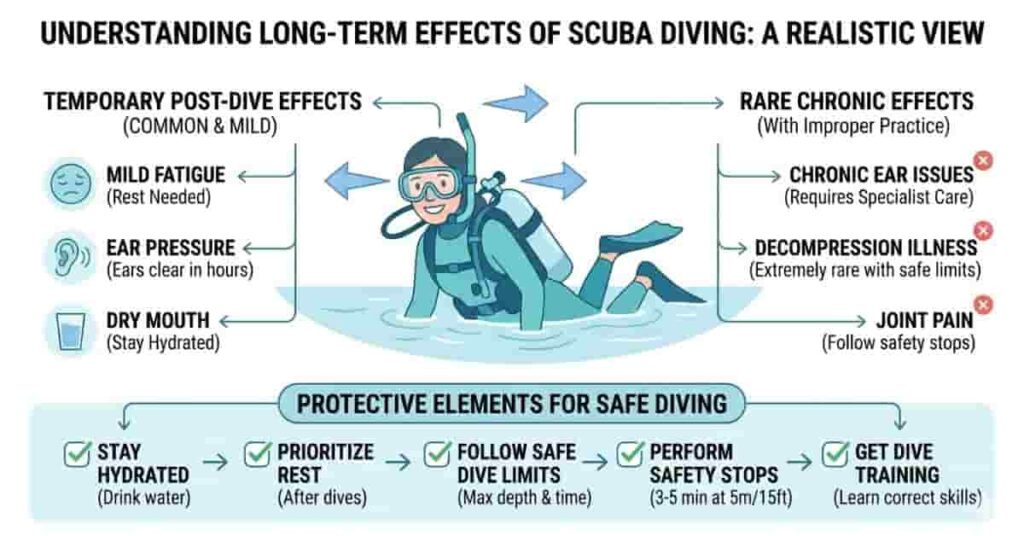 2D vector illustration showing potential long-term effects of scuba diving, highlighting ear pressure, fatigue, and safe diving practices for beginners.
