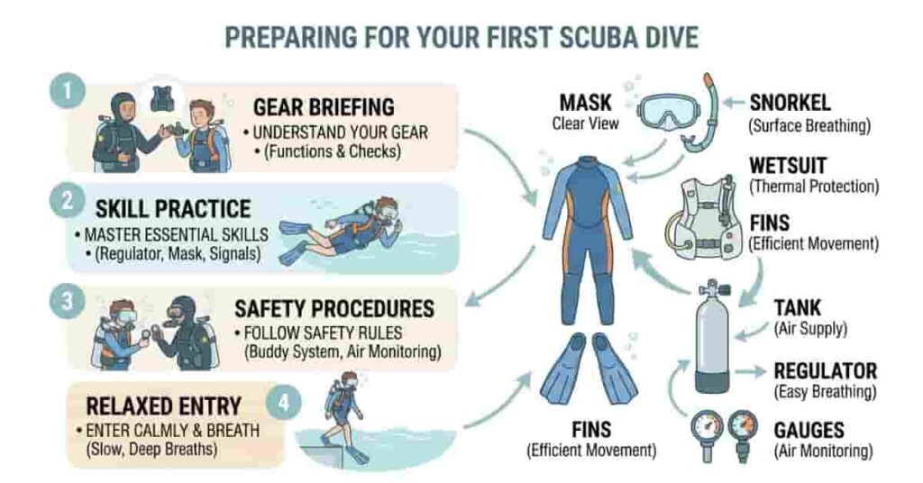 Beginner scuba gear checklist with labeled illustration showing preparation for first dive.