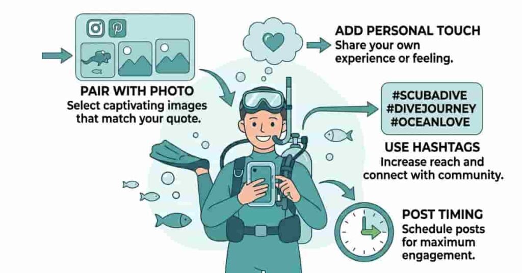Beginner scuba diver posting first time scuba diving captions on social media, with caption bubbles and platform labels in soft ocean colors.