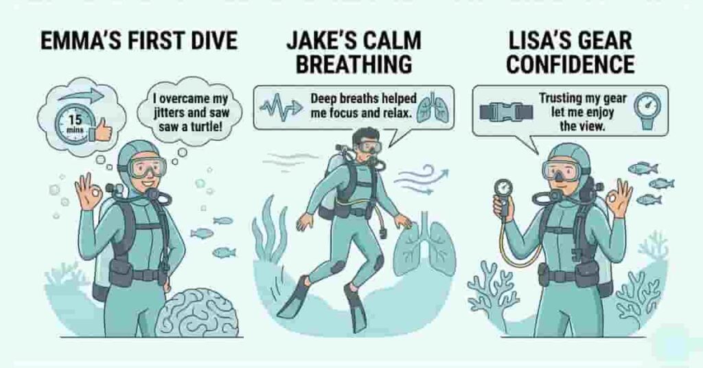 Three beginner scuba divers sharing real-life experiences of overcoming fear and anxiety underwater.