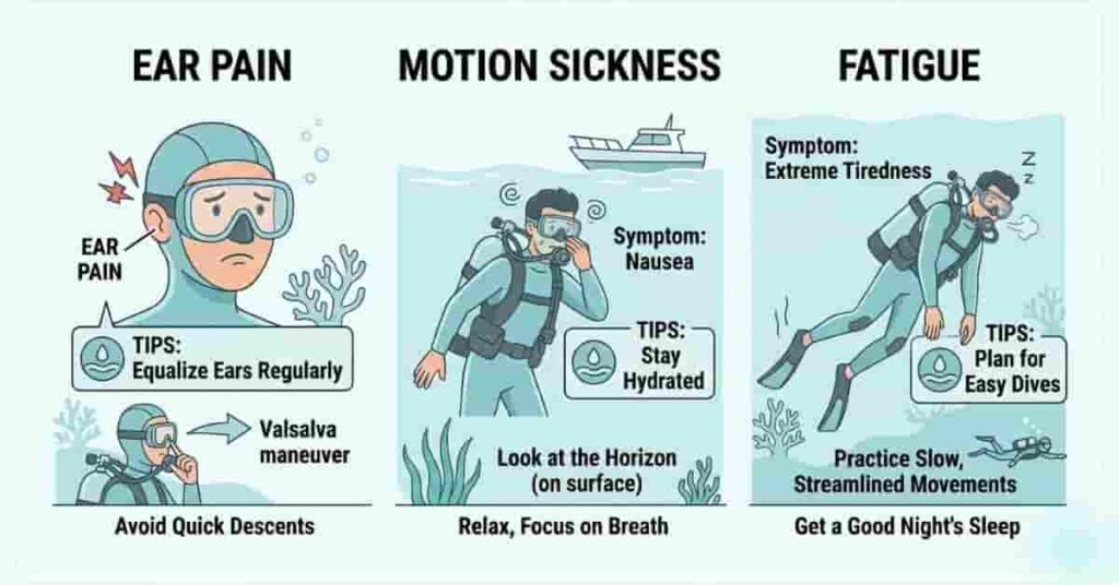 Beginner scuba diver showing side effects like ear pain, nausea, and fatigue with labeled prevention tips.