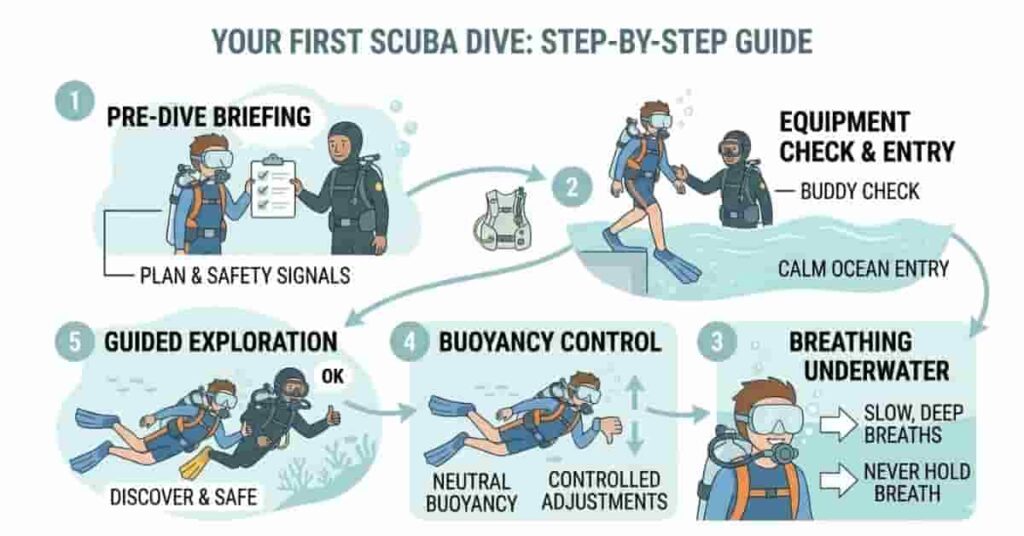 Step-by-step illustrated guide for beginners on their first scuba dive.