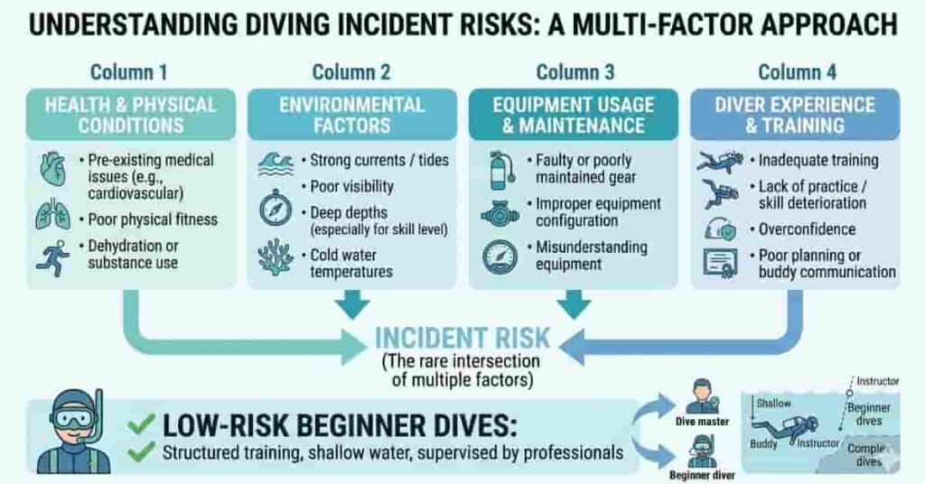 Infographic showing contributing factors in scuba diving incidents and highlighting that beginner guided dives have very low risk.