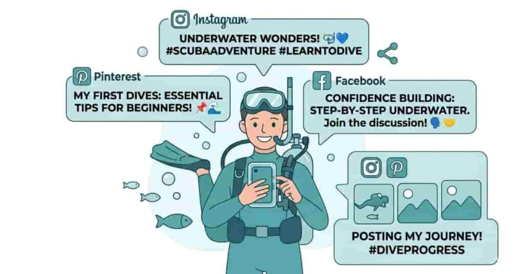 Infographic showing beginner scuba diver with labeled tips for using first time scuba diving quotes and captions effectively, in soft ocean colors.