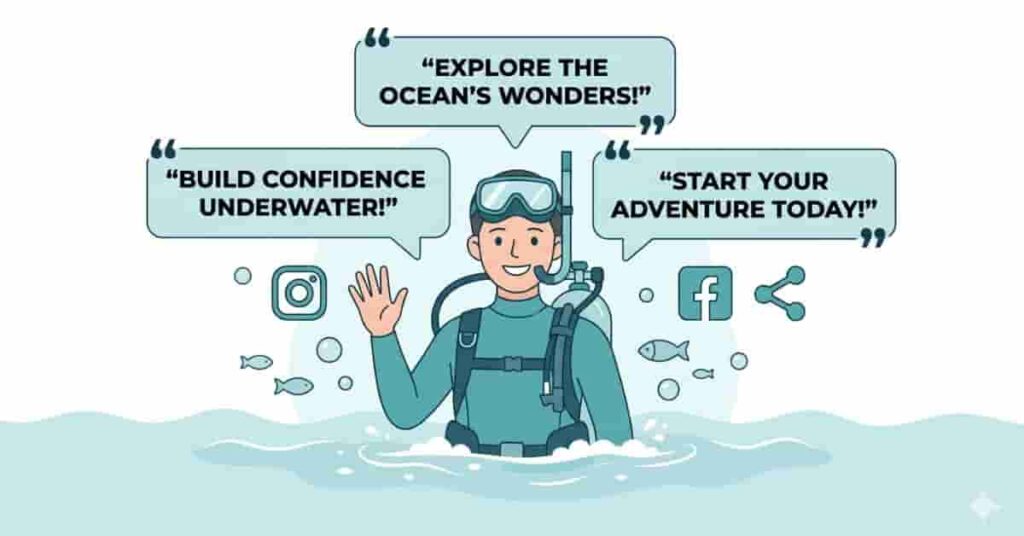 Beginner scuba diver underwater surrounded by illustrated inspirational quote bubbles in soft ocean colors, beginner-friendly educational style.