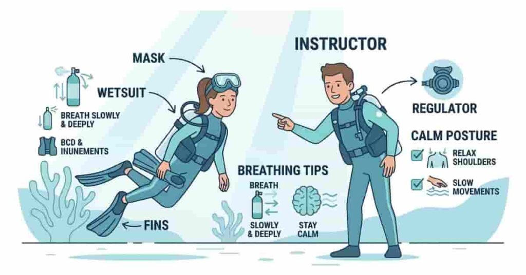 Beginner scuba diver receiving top tips from instructor with labeled gear and breathing guidance.