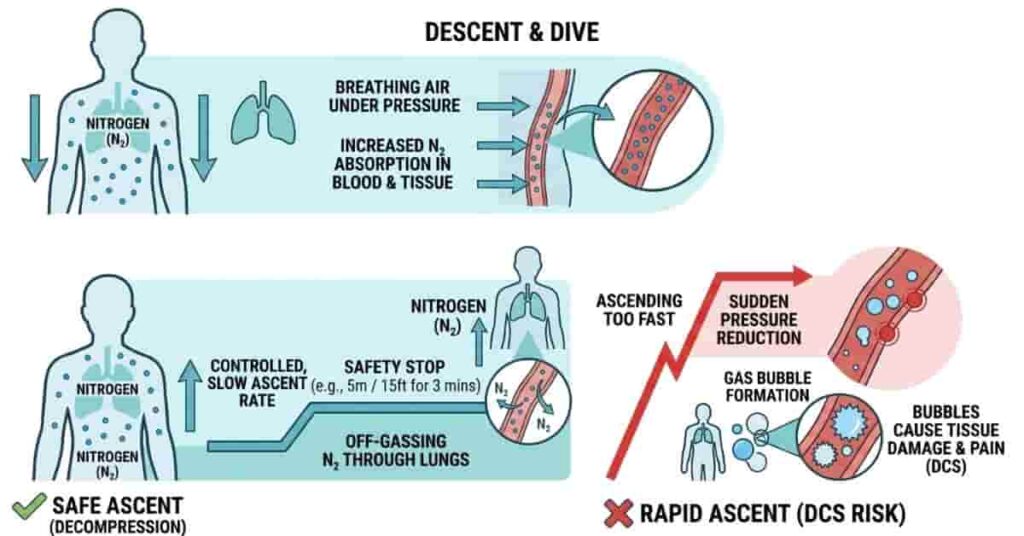 2D vector diagram showing nitrogen absorption and safe release in the body during scuba diving to explain decompression sickness (DCS).