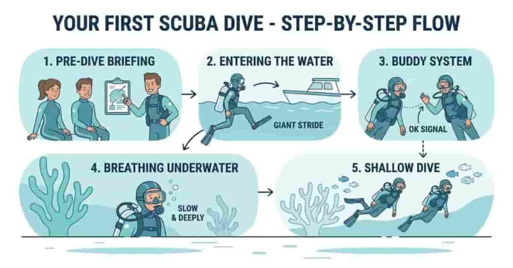 Step-by-step beginner scuba dive process with labeled stages from briefing to underwater experience.