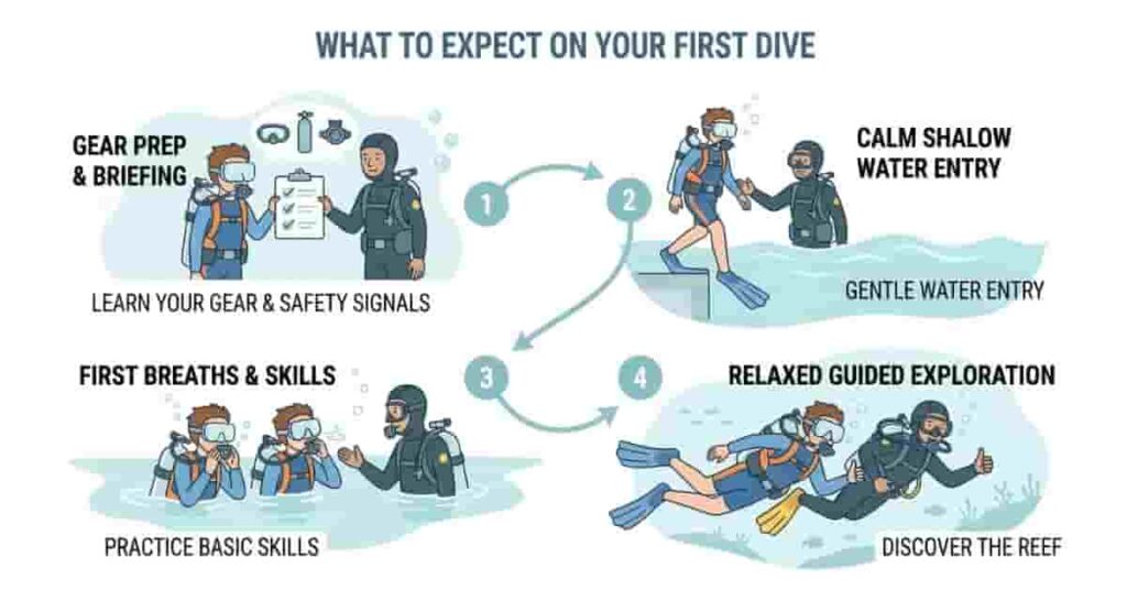 Beginner scuba diver guided by instructor during first dive with step-by-step labeled infographic.