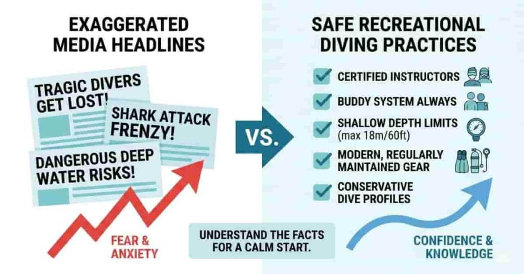 Infographic comparing dramatic scuba diving headlines with normal recreational diving practices to show true beginner risks.