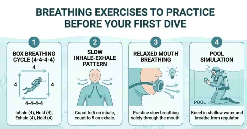 Step-by-step vector illustration of breathing exercises for scuba diving preparation and practice