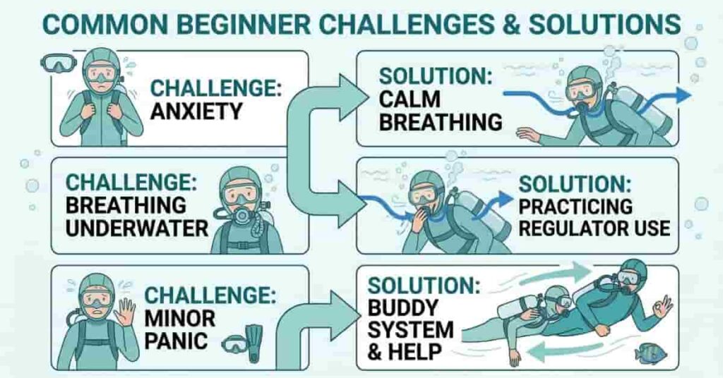 “Infographic showing common beginner scuba diving challenges like anxiety, breathing issues, and minor panic with solutions.”