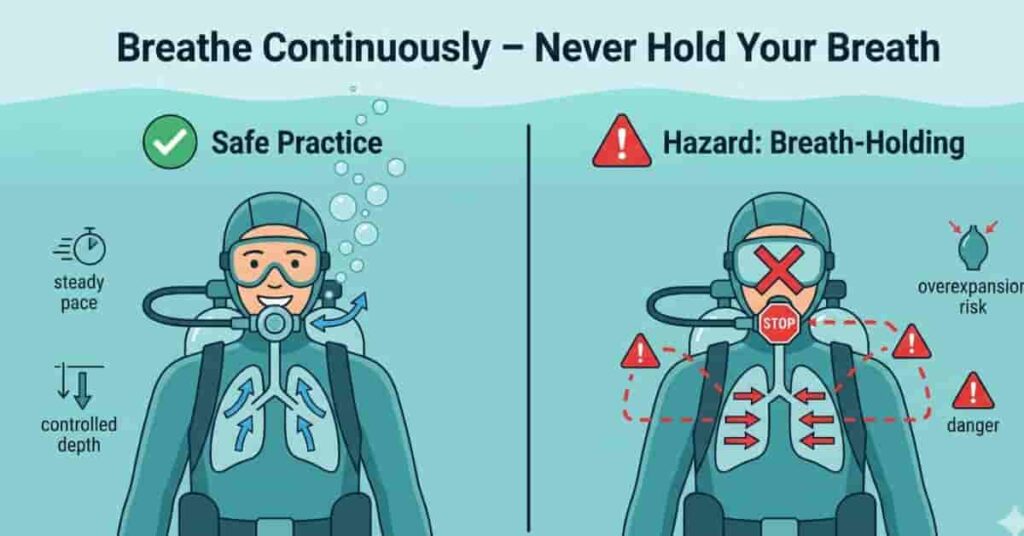 scuba diving golden rule breathing continuously with regulator underwater safety infographic