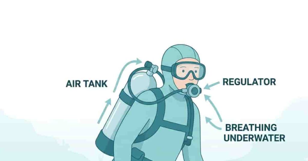2D vector diagram showing how scuba divers breathe underwater using tank, regulator, and airflow system