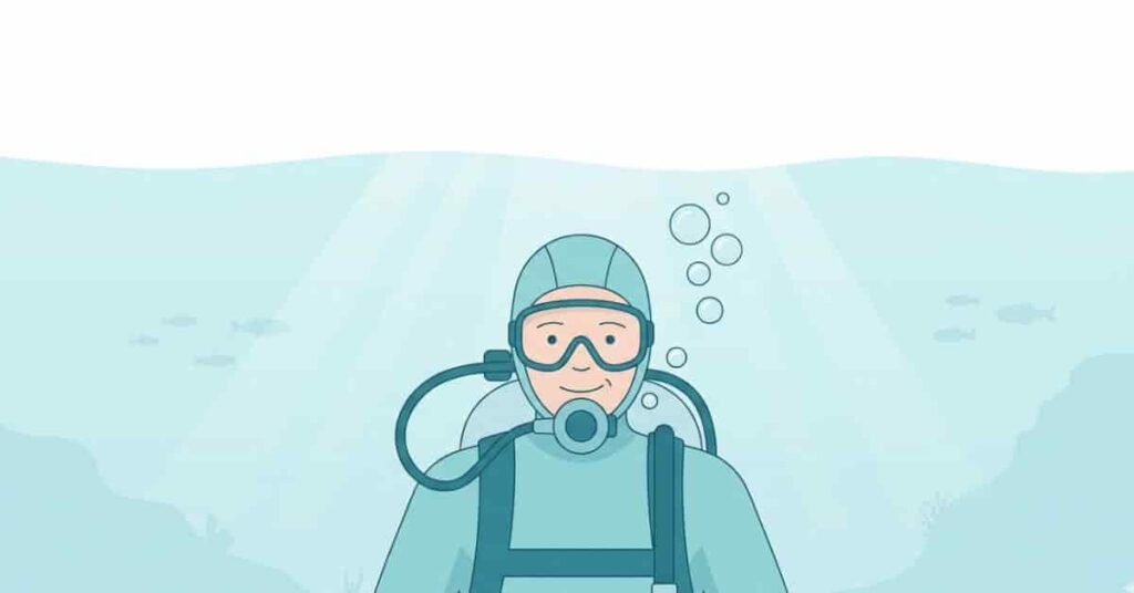 Beginner scuba diver calmly breathing underwater using regulator in a clean 2D vector ocean illustration for scuba diving guide