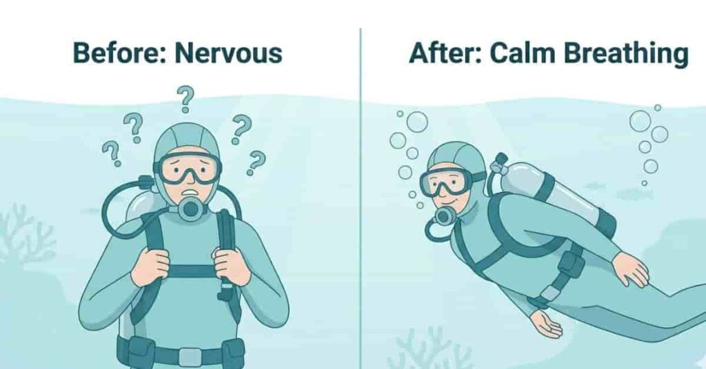 Split 2D vector illustration showing nervous beginner diver turning calm while learning scuba breathing underwater