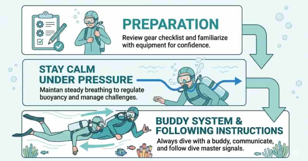 “Infographic showing three key lessons for beginner scuba divers: preparation, staying calm, and buddy system.”