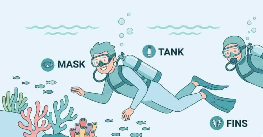 Beginner scuba diver exploring calm coral reef with buddy, smiling and learning in first underwater experience.