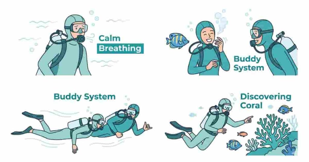 “Four beginner scuba divers underwater practicing calm breathing, buddy system, and coral exploration.”