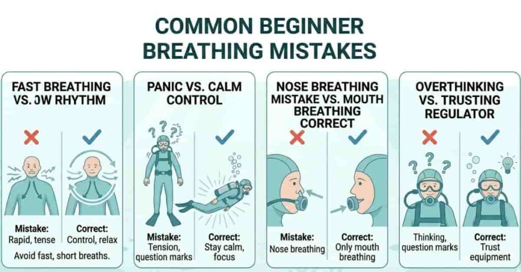Infographic showing common scuba breathing mistakes and correct techniques for beginners underwater