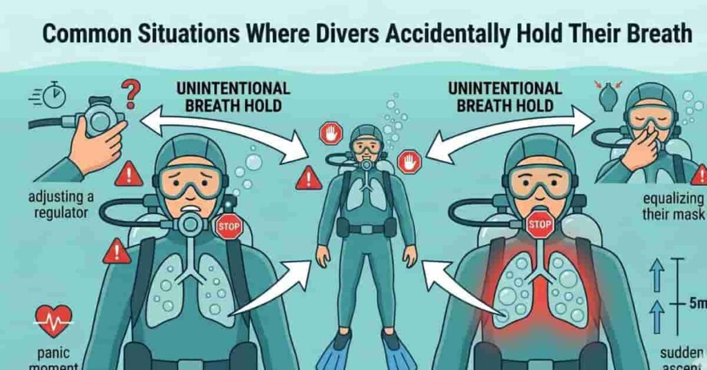 common scuba diving situations accidental breath holding underwater safety awareness infographic