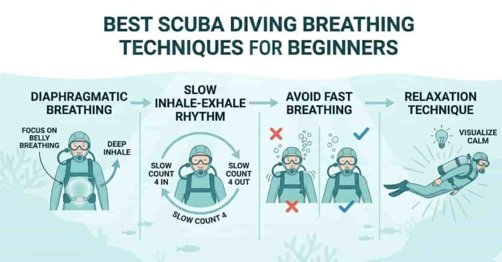 Infographic showing best scuba diving breathing techniques including diaphragm breathing and slow rhythm control