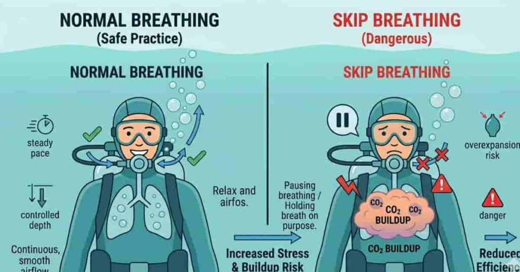 skip breathing scuba diving vs normal breathing comparison showing CO2 buildup risk infographic