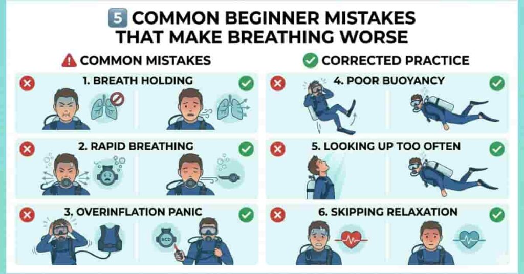 Beginner scuba diving mistakes infographic showing actions that worsen breathing problems underwater.