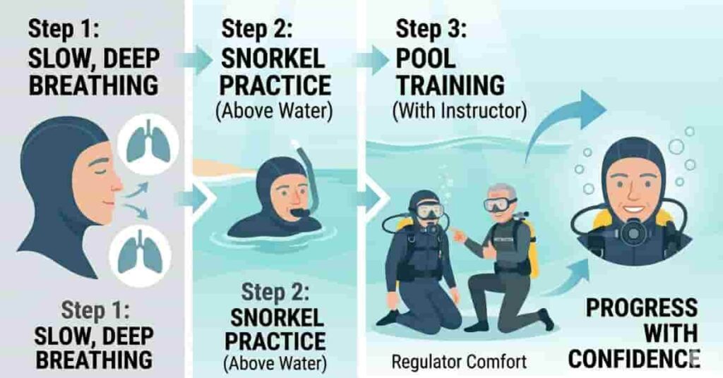 Beginner scuba breathing tips infographic showing steps from snorkel practice to calm underwater breathing