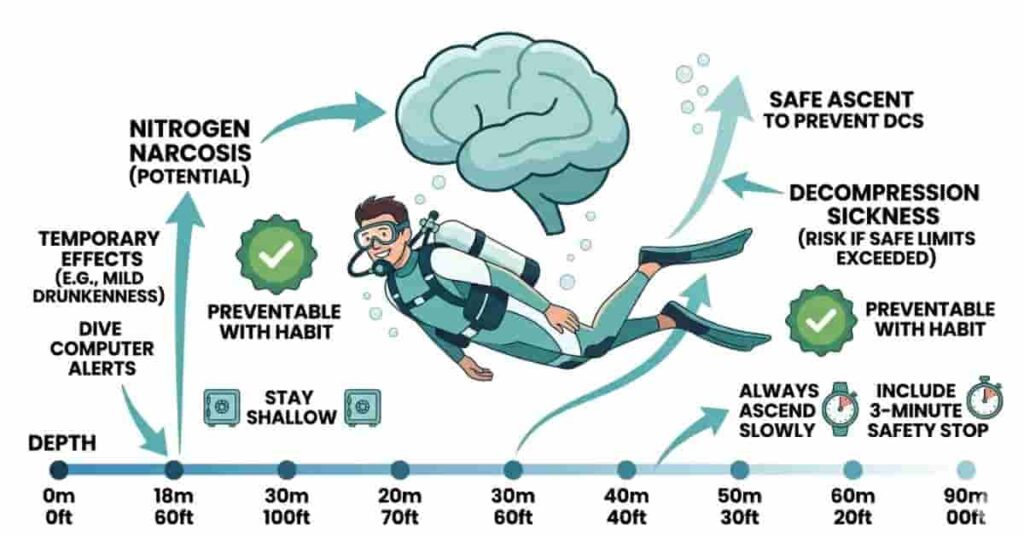2D vector infographic explaining possible brain-related effects of scuba diving and nitrogen narcosis.