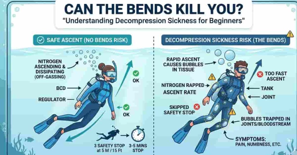 Professional scuba diving safety illustration explaining decompression sickness and safe ascent practices