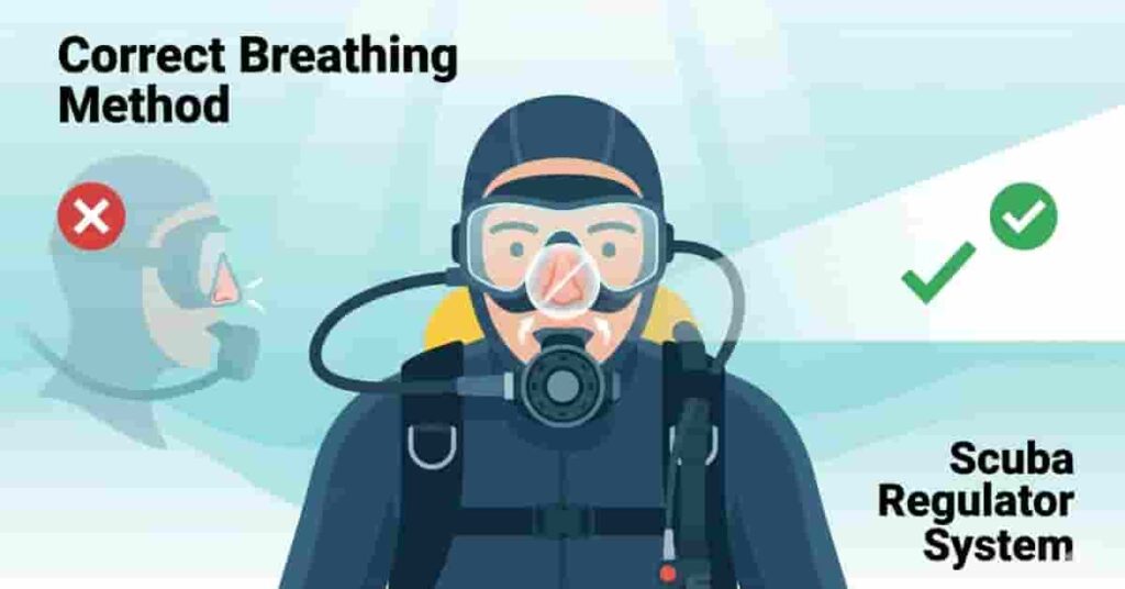 Beginner scuba diver breathing through regulator mouthpiece showing correct underwater breathing method and nose breathing restriction