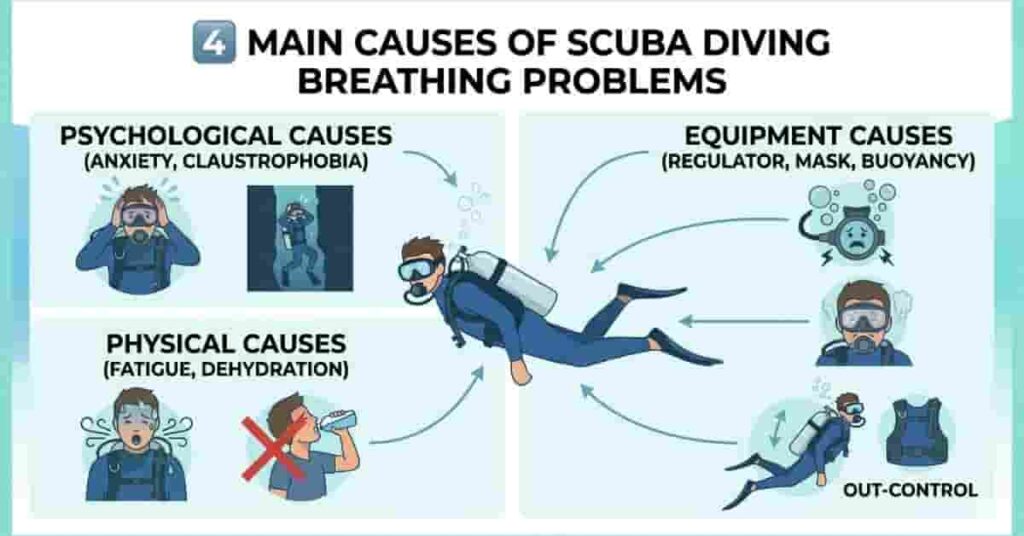 Infographic showing psychological, physical, and equipment causes of scuba diving breathing problems for beginners.
