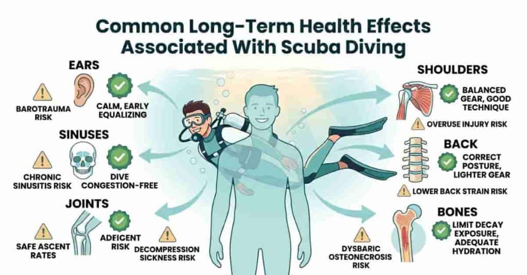 2D infographic illustrating common long-term health effects associated with scuba diving.
