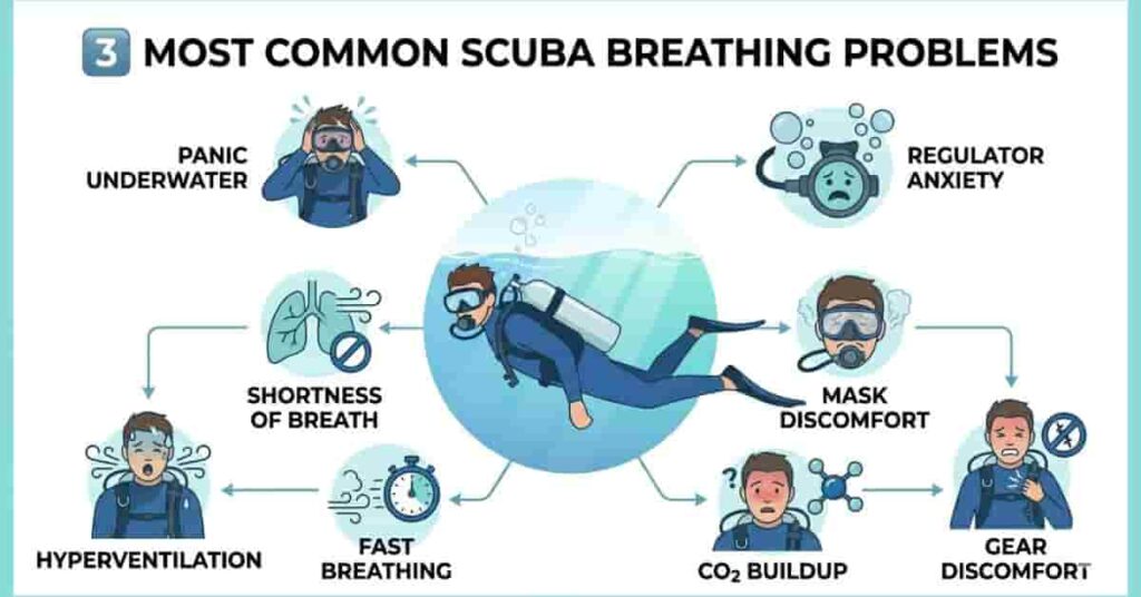 Vector infographic showing common scuba diving breathing problems including panic, CO2 buildup, and shortness of breath.