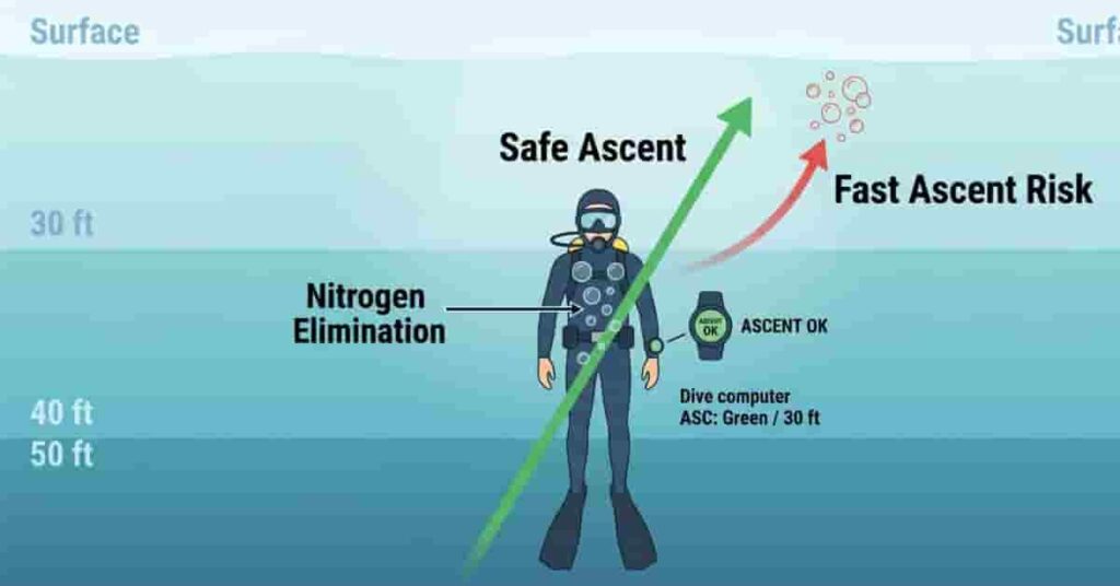 Scuba diver ascending safely from deep ocean showing decompression sickness prevention and nitrogen bubble control in educational infographic style.