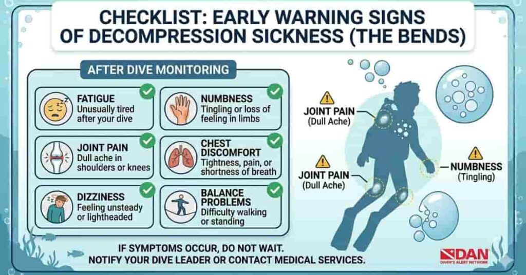 Infographic showing early warning signs of decompression sickness for beginner scuba divers