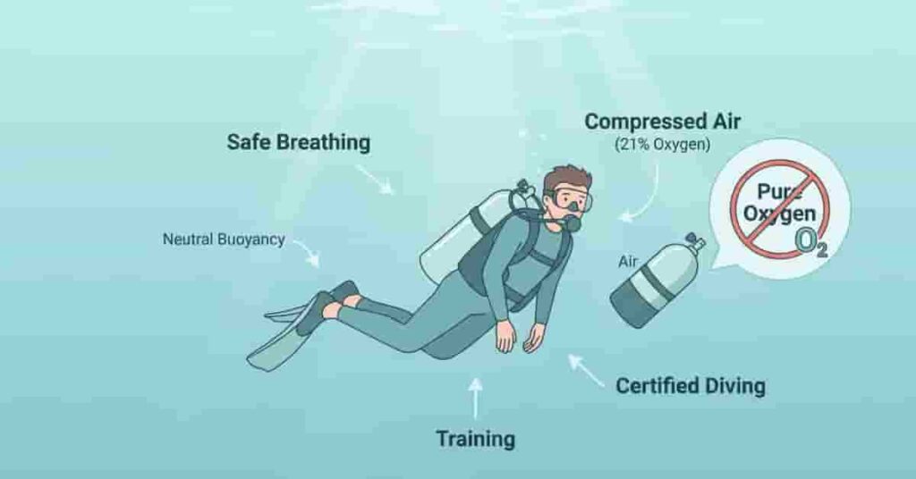 Beginner scuba diver underwater with labeled compressed air tank showing safe breathing concept and pure oxygen myth clarification.