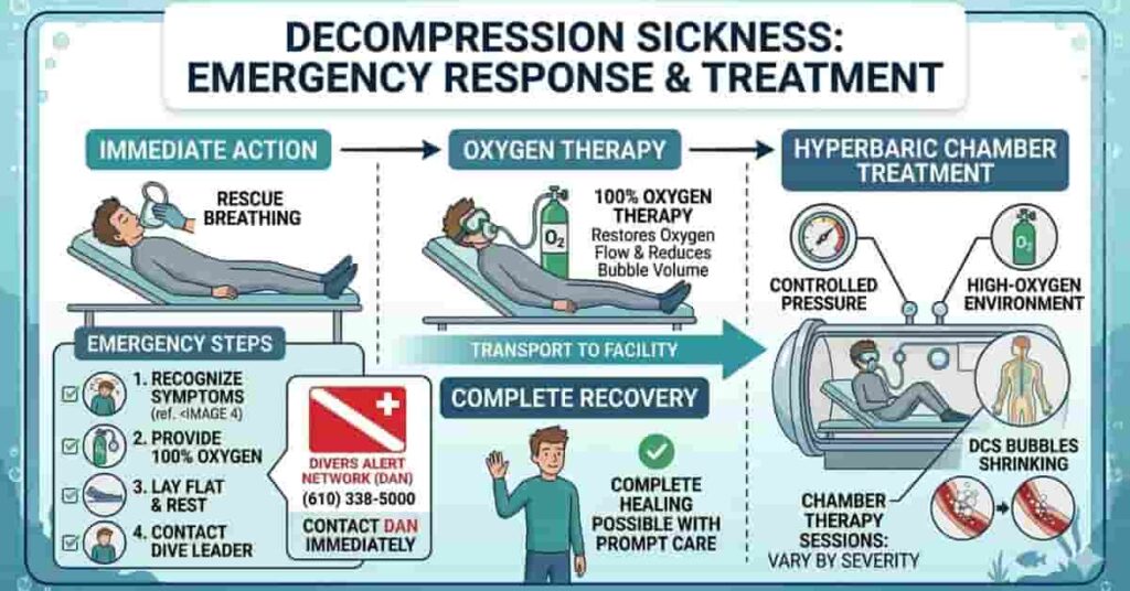 Emergency response and hyperbaric chamber treatment infographic for decompression sickness