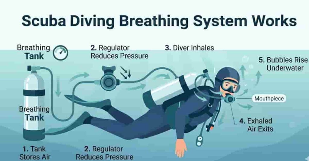 Step-by-step scuba breathing system diagram showing airflow from tank to regulator to diver underwater