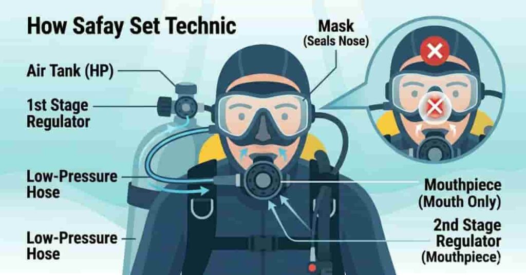 Scuba diving equipment airflow diagram showing regulator system and mouth-only breathing path