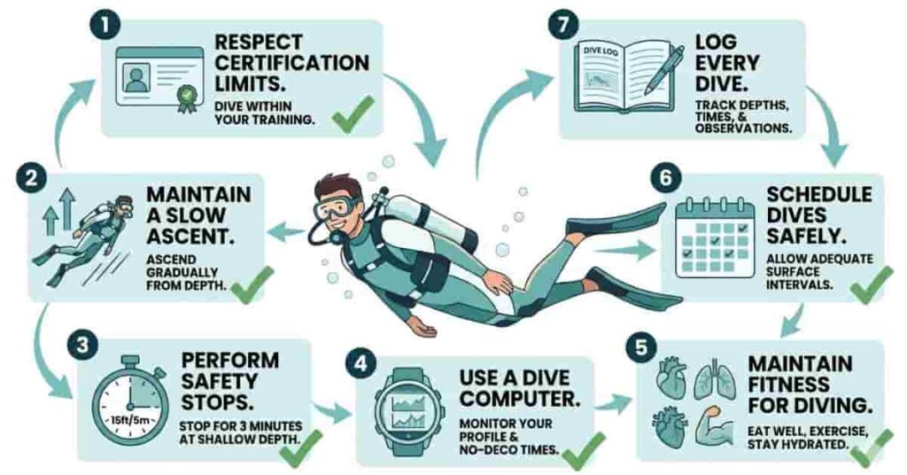 2D vector infographic showing practical ways to reduce the risk of long-term side effects from scuba diving.