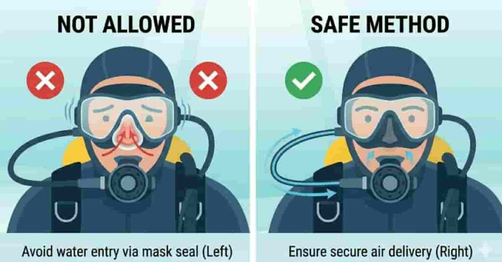 Scuba diving safety infographic showing nose breathing not allowed and correct mouth breathing method