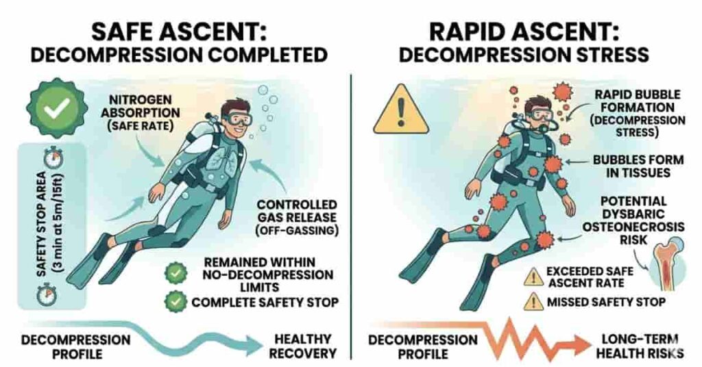 2D infographic explaining decompression stress, gas bubbles, and safe ascent practices in scuba diving.