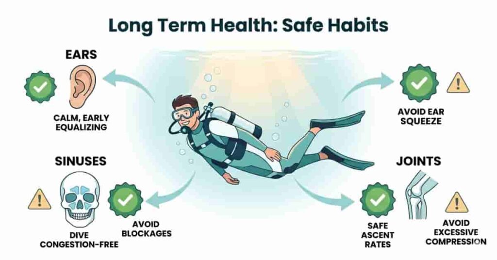 2D vector illustration showing a scuba diver with icons representing long-term health and safety in scuba diving.