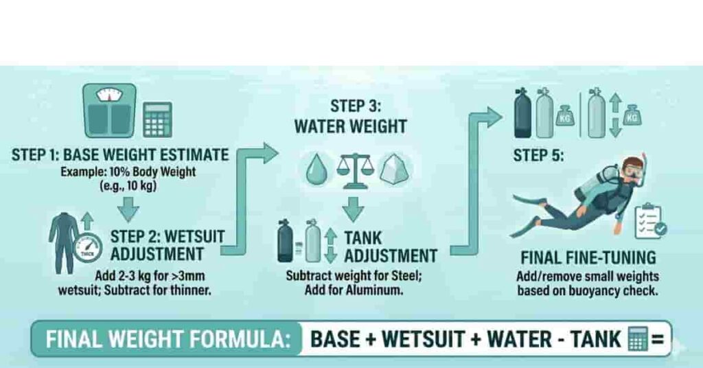 Step-by-step scuba weight calculation method showing how to adjust base weight using key diving factors.