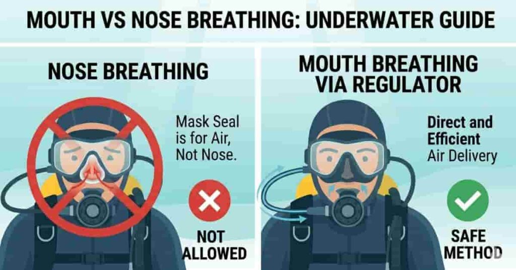 Comparison of nose breathing vs mouth breathing in scuba diving showing safe regulator breathing