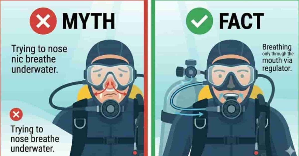 Myth vs fact infographic showing scuba diving nose breathing myths and correct mouth breathing reality