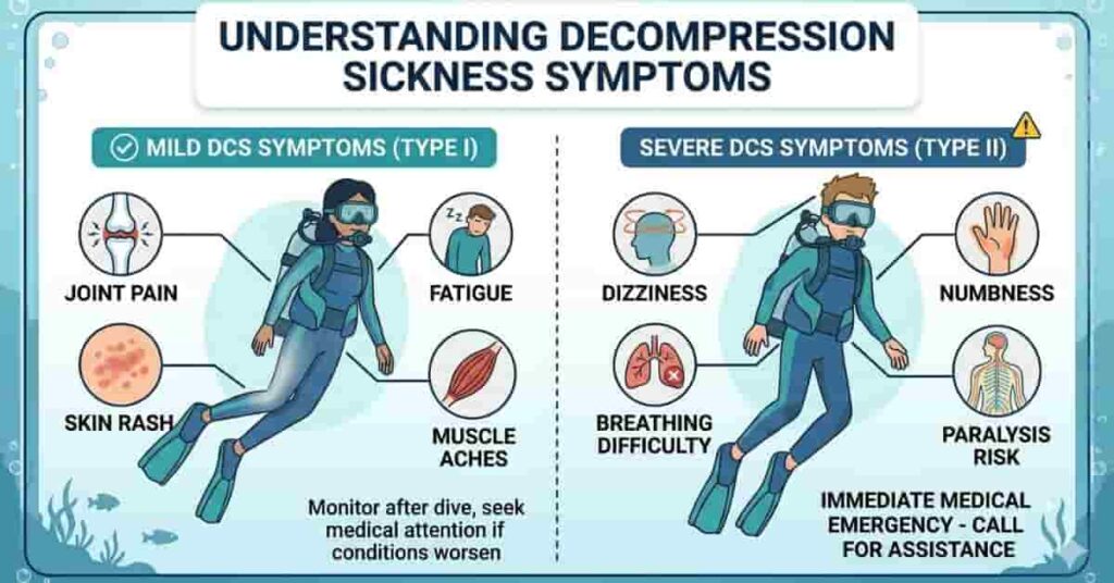 Beginner-friendly infographic showing mild and severe risks of the bends in scuba diving